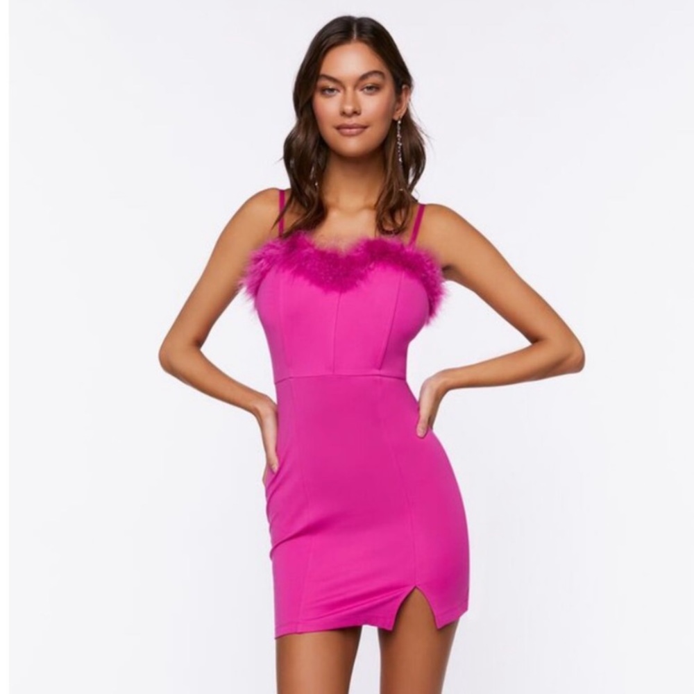 Hot Pink Fur Trim Mini Dress